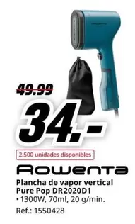 Oferta de Rowenta - Plancha De Vapor Vertical Pure Pop Dr2020d 1 por 34€ en MediaMarkt