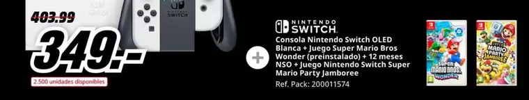 Oferta de Nintendo SWITCH  - Consola OLED Blanca + Juego Super Mario Bros Wonder (preinstalado) + 12 Meses NSO + Juego Super Mario Party Jamboree por 349€ en MediaMarkt