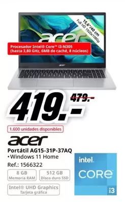 Oferta de Acer - Portátil Agis-sip-37aq por 419€ en MediaMarkt