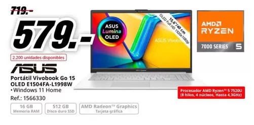 Oferta de Asus - Portátil Vivobook Go 15 OLED E1504FA-L1998W por 579€ en MediaMarkt