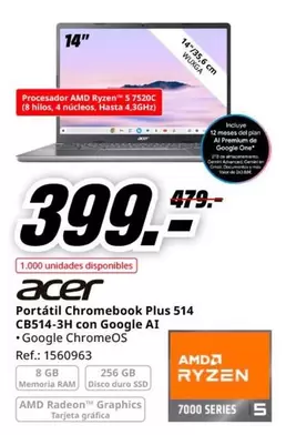 Oferta de Acer - Portátil Chromebook Plus 514 CB514-3H con Google AI por 399€ en MediaMarkt