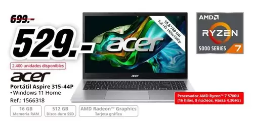 Oferta de Acer - Portátil Aspire 315-44P por 529€ en MediaMarkt