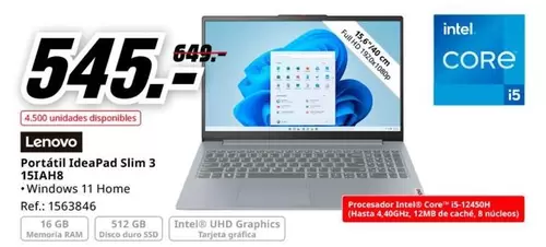 Oferta de Lenovo - Portati Ideapad Slim 3 15jaH8 por 545€ en MediaMarkt