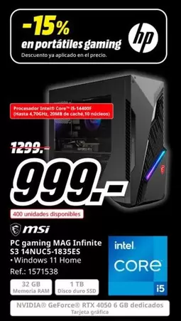 Oferta de Gaming - Pc Gaming Infinite S3 14NUC5-1 185SES por 999€ en MediaMarkt