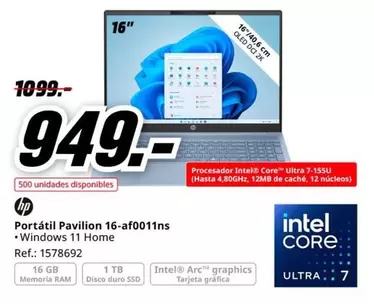 Oferta de HP - Portátil Pavilion 16-Af0011ns por 949€ en MediaMarkt