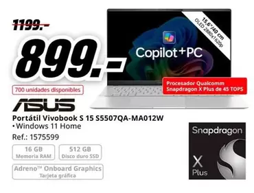 Oferta de Asus - Portátil Vivobook S 15 S5507qa-ma012w por 899€ en MediaMarkt