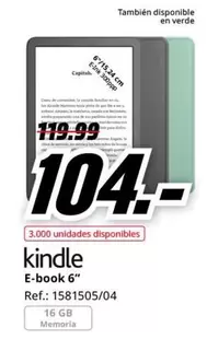 Oferta de Kindle -  E-book 6" por 104€ en MediaMarkt