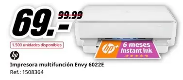 Oferta de HP - Impresora Multifunción Envy 6022E por 69,99€ en MediaMarkt