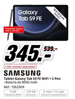 Oferta de Samsung - Tablet Galaxy Tab S9 Fe Wifi + S Pen por 345€ en MediaMarkt