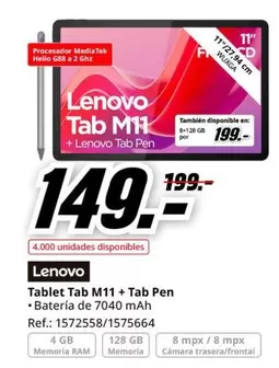 Oferta de Lenovo - Tablet Tab M11 + Tab Pen por 149€ en MediaMarkt