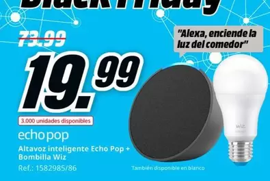 Oferta de Blanco - Altavoz Inteligente Echo Pop + Bombilla Wiz por 19,99€ en MediaMarkt