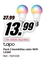 Oferta de Wifi - Pack 2 Bombillas Color Wifi L530e por 13,99€ en MediaMarkt