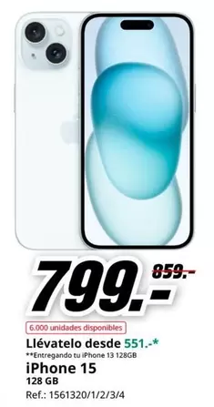 Oferta de Apple - iPhone 15 128GB por 799€ en MediaMarkt