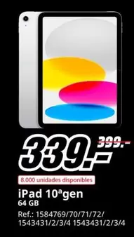 Oferta de IPad 10 gen 64GB por 339€ en MediaMarkt