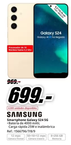 Oferta de Samsung - Smartphone Galaxy S24 5g por 699€ en MediaMarkt