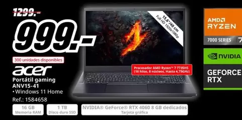 Oferta de Acer - Portátil Gaming ANVI5 41 por 999€ en MediaMarkt