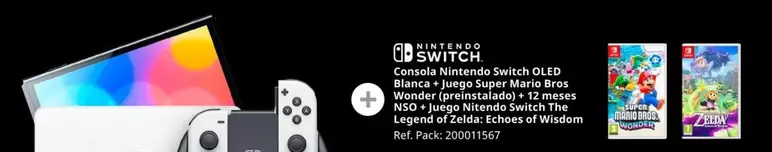 Oferta de Nintendo SWITCH  - Consola OLED Blanca + Juego Super Mario Bros Wonder (preinstalado) + 12 Meses NSO + Juego The Legend Of Zelda: Echoes Of Wisdom por 349€ en MediaMarkt