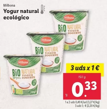 Oferta de Milbona - Yogur Natural Ecologico por 0,49€ en Lidl