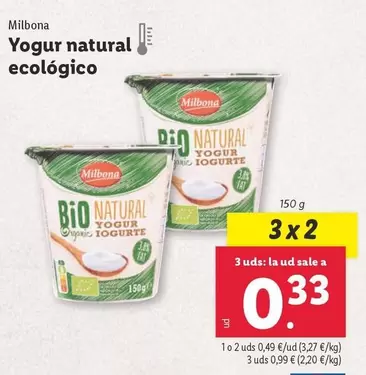 Oferta de Milbona - Yogur Natural Ecologico por 0,99€ en Lidl