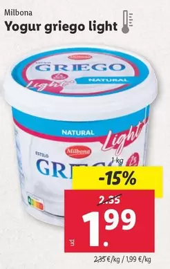 Oferta de Milbona - Yogur Griego Light por 1,99€ en Lidl