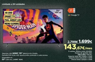 Oferta de Gaming - Televisor Led 75" Bravia 40-72x455l por 1699€ en El Corte Inglés