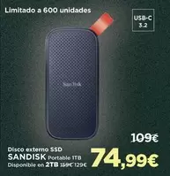 Oferta de Sandisk - Disco Externo Ssd por 74,99€ en El Corte Inglés