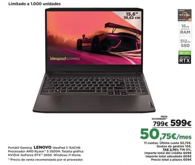 Oferta de Lenovo - Portatil Gaming Ideapad por 599€ en El Corte Inglés