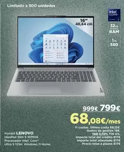 Oferta de Lenovo - Posatil IdeaPads Slim 3 Ink por 799€ en El Corte Inglés