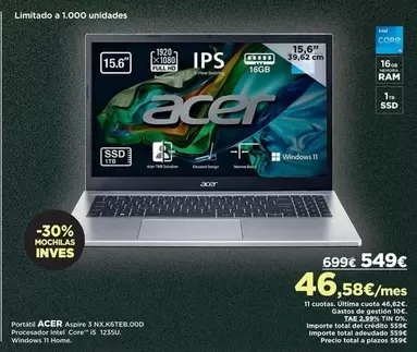 Oferta de Acer - Portabi Aspire + 12 X X Kgteb800d por 549€ en El Corte Inglés