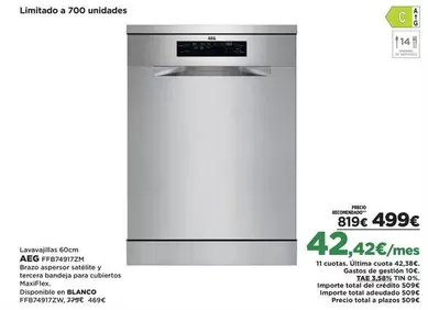 Oferta de AEG - Lavavajillas Ffn29v92tx por 499€ en El Corte Inglés