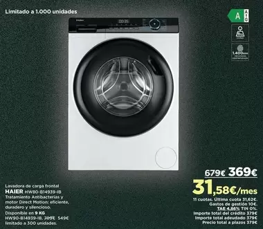 Oferta de Haier - Lavadora De Cars Frescal por 369€ en El Corte Inglés