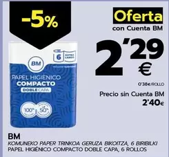 Oferta de Bm - Papel Higiénico Compacto Doble Capa por 2,4€ en BM Supermercados