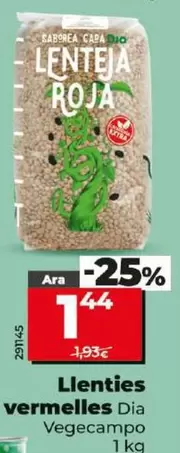 Oferta de Dia Vegecampo - Lentejas Rojas por 1,44€ en Dia