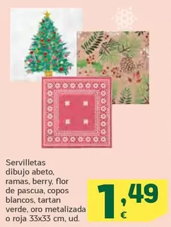 Oferta de Flor - Servilletas Dibujo Abeto, Ramas, Berry,  De Pascua, Copos Blancos, Tartan Verde, Oro Metalizada O Roja por 1,49€ en HiperDino