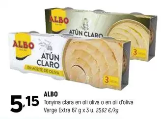 Oferta de Albo - Tonyina Clara En Oli Oliva O En Oli D'oliva Verge Extra por 5,15€ en Coviran