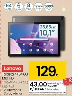 Oferta de Lenovo - Tablet 4+6 4 GB, M10 HD por 129€ en Eroski