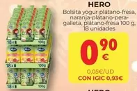 Oferta de Hero - Bolsita Yogur Platano-fresa, Naranja-platano-pera- Galleta, Platano-fresa por 0,9€ en CashDiplo