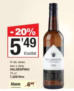 Oferta de Valdespino - Vi De Jerez Sec O Dolc por 5,49€ en SPAR Fragadis