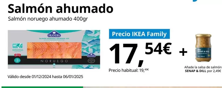 Oferta de Salmón Noruego Ahumado 400gr + Senap & Dill - Anade La Salsa De Salmon  por 17,49€ en IKEA