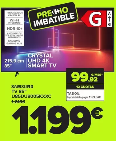 Oferta de Samsung - Tv 85" U85DU8005KXXC por 1199€ en Carrefour