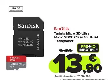 Oferta de Sandisk - Tarjeta Micro Sd Ultra Micro Sdxc Class 10 UHS-1 + Adaptador por 13,9€ en Carrefour