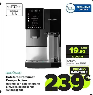 Oferta de Cecotec - Cafetera Cremmaet Compactccino por 239€ en Carrefour