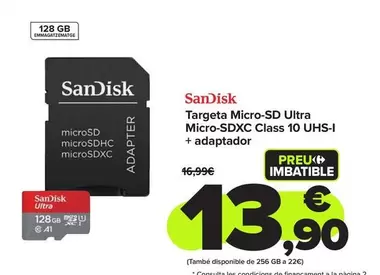 Oferta de Sandisk - Tarjeta Micro Sd Ultra Micro Sdxc Class 10 UHS-1 + Adaptador por 13,9€ en Carrefour