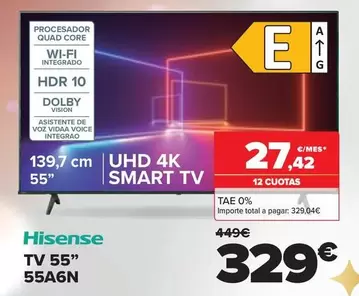 Oferta de Hisense - Tv 55 55A6N por 329€ en Carrefour