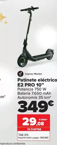 Oferta de Segway Ninebot - Patinete Electrico E2 Pro 10'' por 349€ en Carrefour