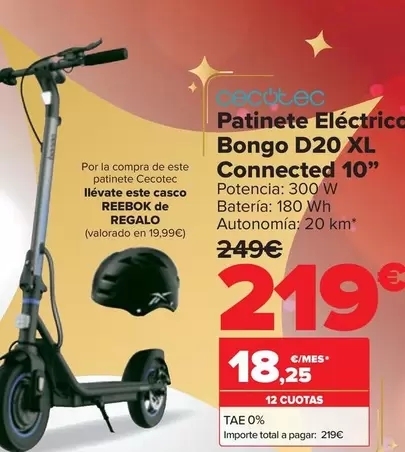 Oferta de Cecotec - Patinete Electrico Bongo D20 Xl Connected 10'' por 219€ en Carrefour