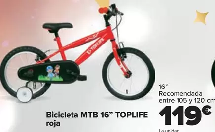 Oferta de Toplife - Bicicleta MTB 16" Roja por 119€ en Carrefour