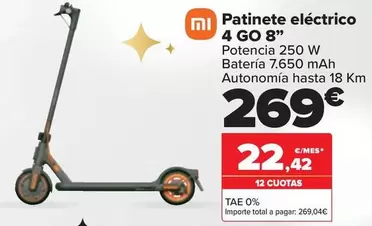 Oferta de Xiaomi - Patinete Eléctrico 4 GO 8" por 269€ en Carrefour