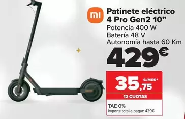 Oferta de Xiaomi - Patinete Eléctrico 4 Pro Gen2 10" por 429€ en Carrefour