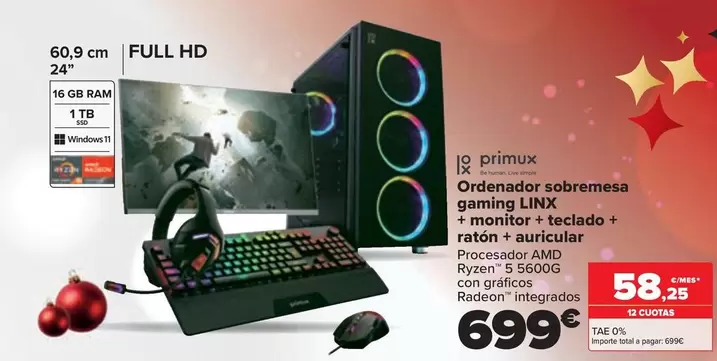 Oferta de Primux - Ordenador Sobremesa Gaming Linx + Monitor + Teclado + Raton + Auricular por 699€ en Carrefour